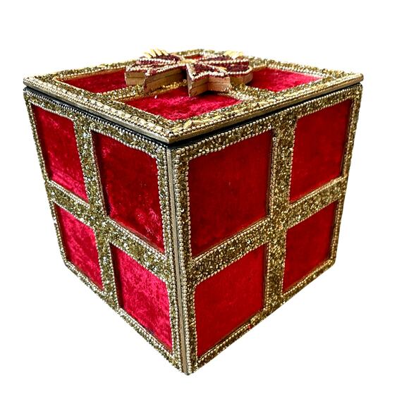 Red Velvet Gold Sequin Christmas Present Gift Box w/ Bow & Lid 7in Holiday Decor - Picture 8 of 15
